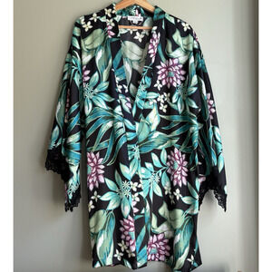 In Bloom by Jonquil Floral Botanical Lace Trim Satin Robe Black Green Lounge XL